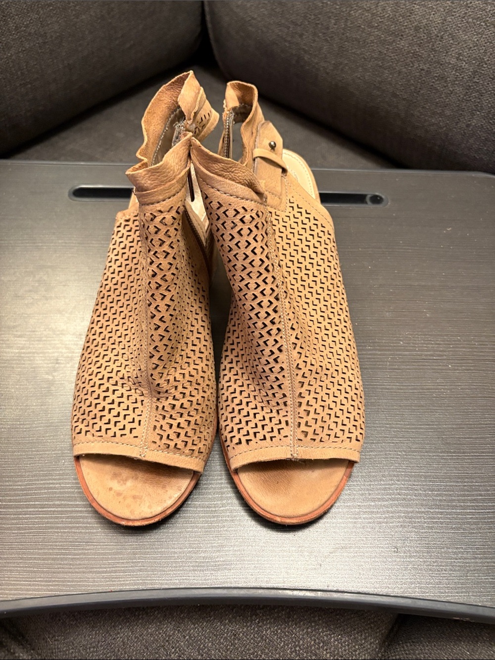 Vince Camuto Tan Perforated Peep-Toe Slingback Mules - Picture 1 of 5